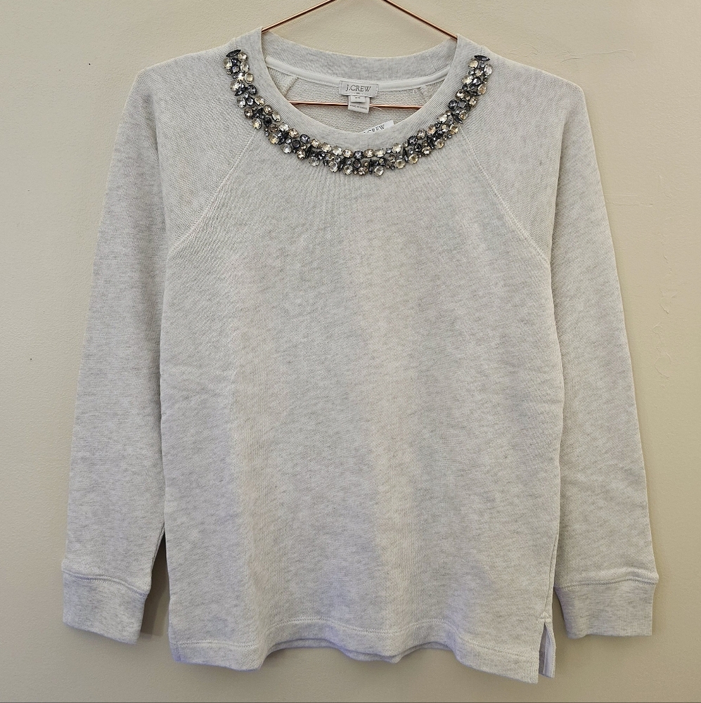 J Crew Jeweled Sweatshirt Crewneck XS Light Gray 100% COTTON